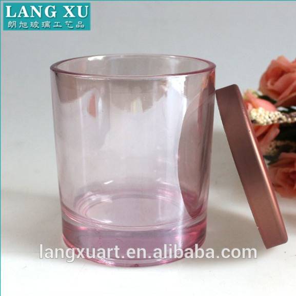 Langxu wholesale electroplated glass candle holder with rose gold metal lid