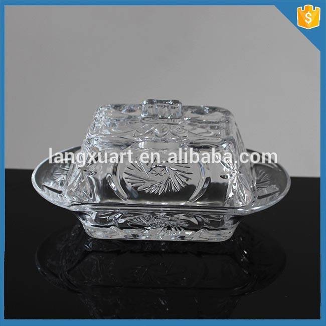 Hand pressed carved clear beehive clear glass butter dish with lid
