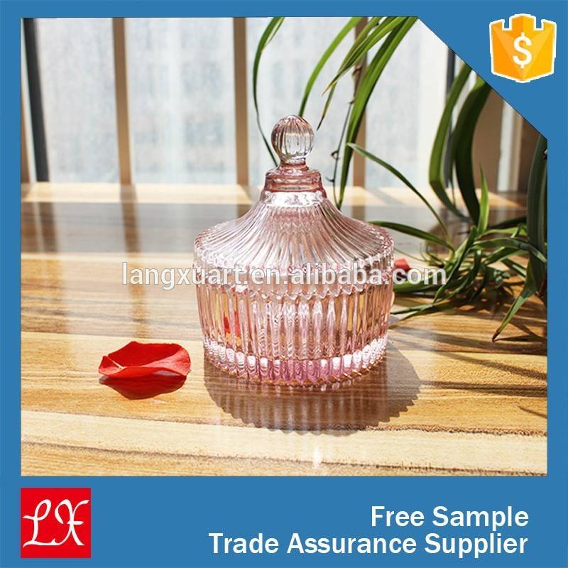 Handmade pinl color ribbed glass candle jar with lid for candle making