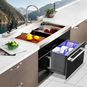 Integrated kitchetchen,Stainless steel and tempered glass integrated double sink with cabinet