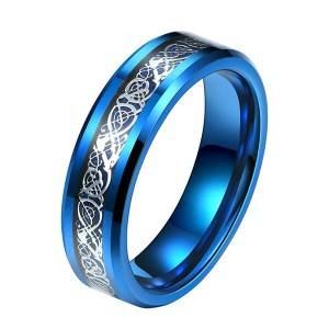 Unique Silver Celtic Dragons With Blue Background Tungsten Steel Inlay Rings