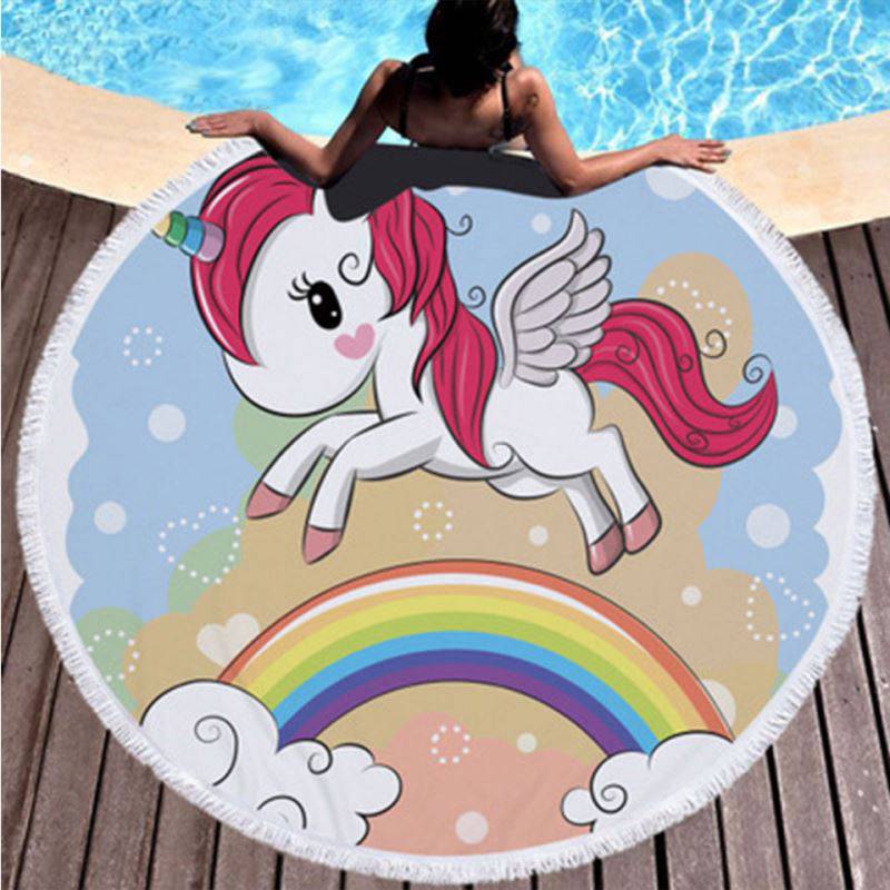 China factory outdoor pink cute unicorn microfiber large round beach towel