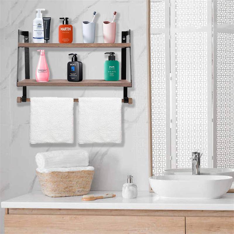 OEM/ODM Manufacturer Wall Mounted Shelves - Floating mount Mounted Wood Wall shelf Shelves spice rack with Towel Bar hooks for Living Room Bedroom Bathroom  – AJ UNION