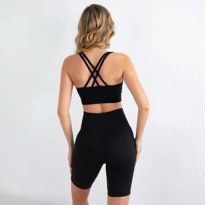 Wholesale gym fitness shorts pants workout crop top strappy bra yoga shorts set