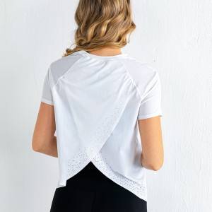 Plain Gym Back Slit Top Custom Nylon Spandex Short Sleeve Women Yoga T shirt