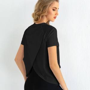 Plain Gym Back Slit Top Custom Nylon Spandex Short Sleeve Women Yoga T shirt