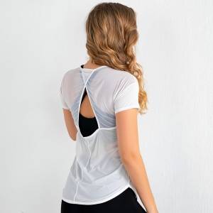 Custom women fitness wear hollow out back yoga sports active top short sleeve mesh t-shirt