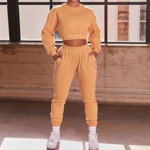 Women long sleeve crop top sportswear sets 100% cotton two piece pants set