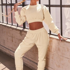 Women long sleeve crop top sportswear sets 100% cotton two piece pants set