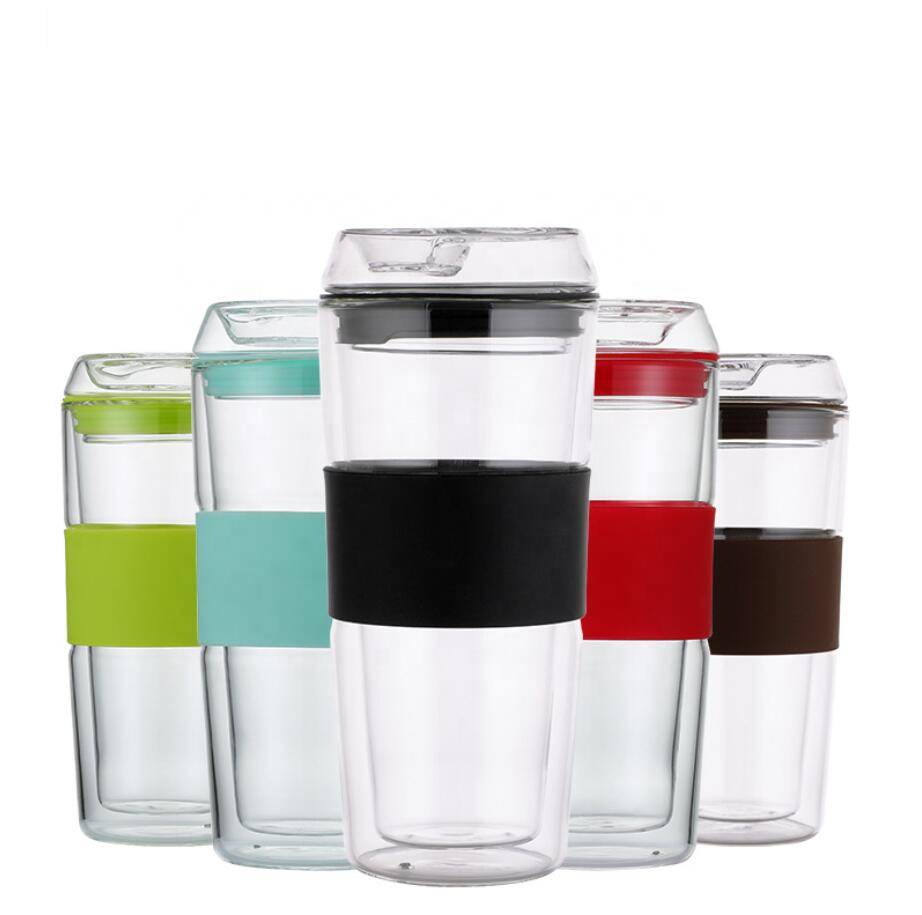Custom Transparent Sleeve Travel Reusable Keep Glass Coffee Cup with Silicone Lid
