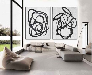 Set of 2 abstract white and black oil painting on canvas RG2063 White&Black