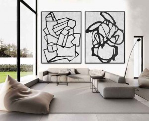 Set of 2 Black And White Abstract Oil Painting On Canvas RG2066 White&Black