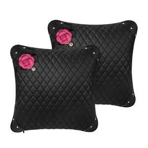 Car Throw Pillow Camellia PU Leather Cushion,Rose Red Flower