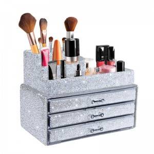 Makeup Organizers Drawer,Jewelry Cosmetic Storage Display Boxes, Makeup Brush Holder, Cosmetic Holder,Bling Diamond Countertop Jewelry Case Gift for Women,Girls,2 Pieces Set (Purely Handmade)