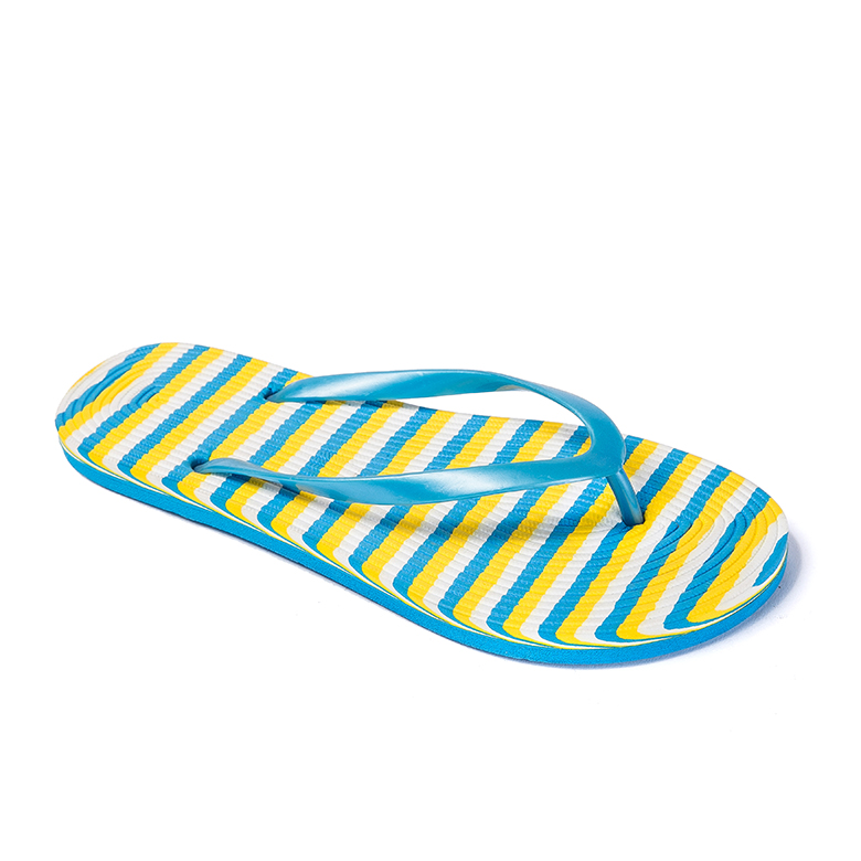 china factory Fashion ladies customised eva sole pvc upper blue yellow white stripe print flip flops and sandal