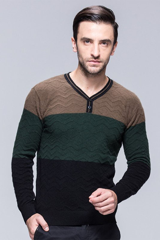 Men cashmere V neck pullover multi color blocks with buttons CH20M003