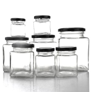 China square glass honey jar jam food storage jar with lid