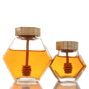 Customizable Hexagon Empty Glass Honey Jar with Dipper