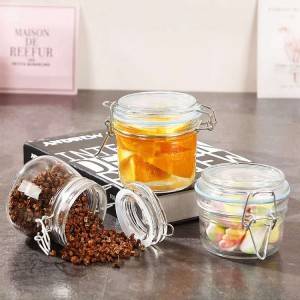 Mini glass sealed storage honey jar with stainless steel clip