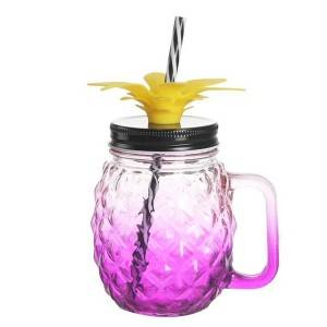 Wholesale creative pineapple shaped glass drinking Mason jar cup with straws