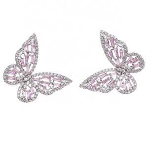 Pink Butterfly Earrings Girl Big Ear Studs CZ Jewelry Gold Plated