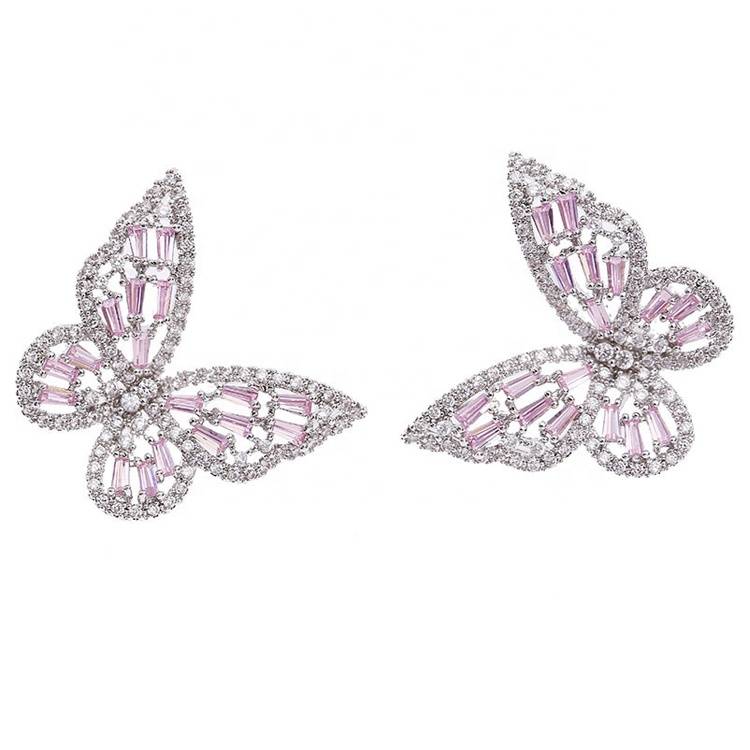Pink Butterfly Earrings Girl Big Ear Studs CZ Jewelry Gold Plated Featured Image