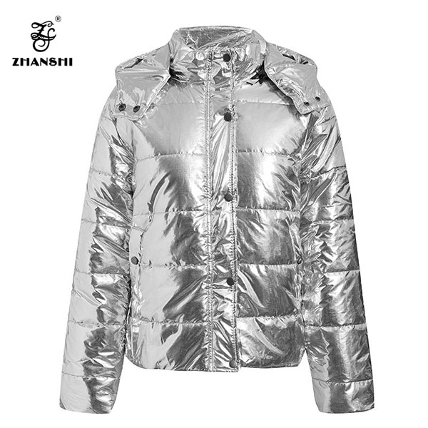 2020 Fashional Winter Silver Mirror Hooded Stand Neck women Padded Coat