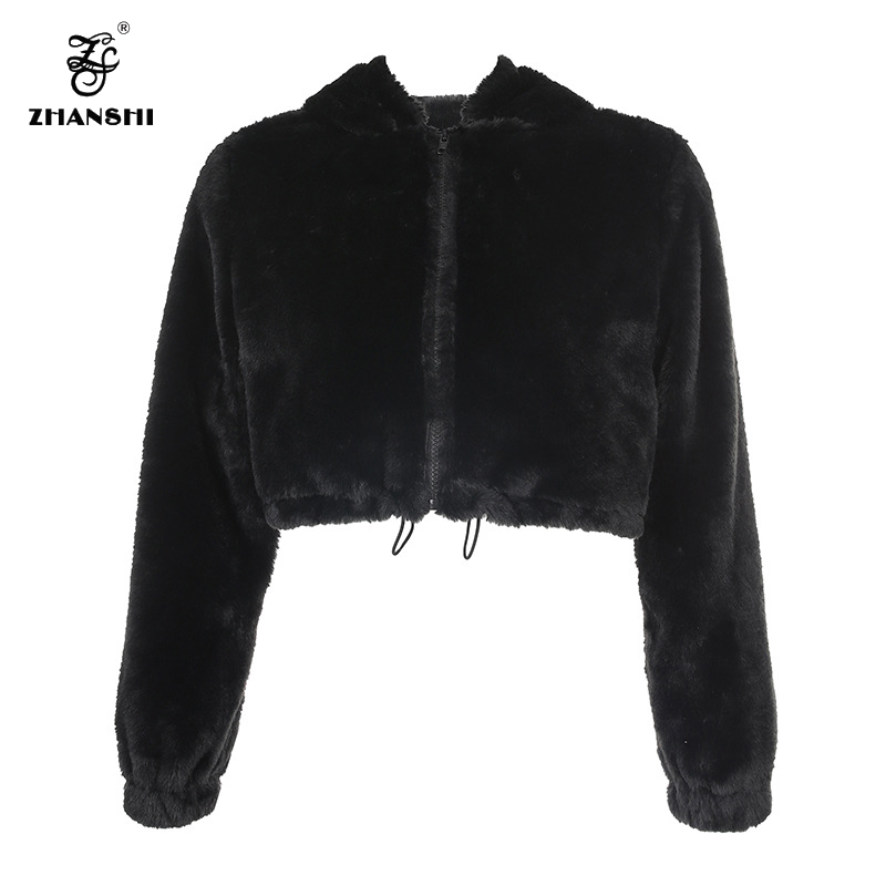  Newest Fashion Winter Black Faux Rabbit Fur Soft Full Sleeve Streetwear Crop Top Jacket Women Parka Coat
